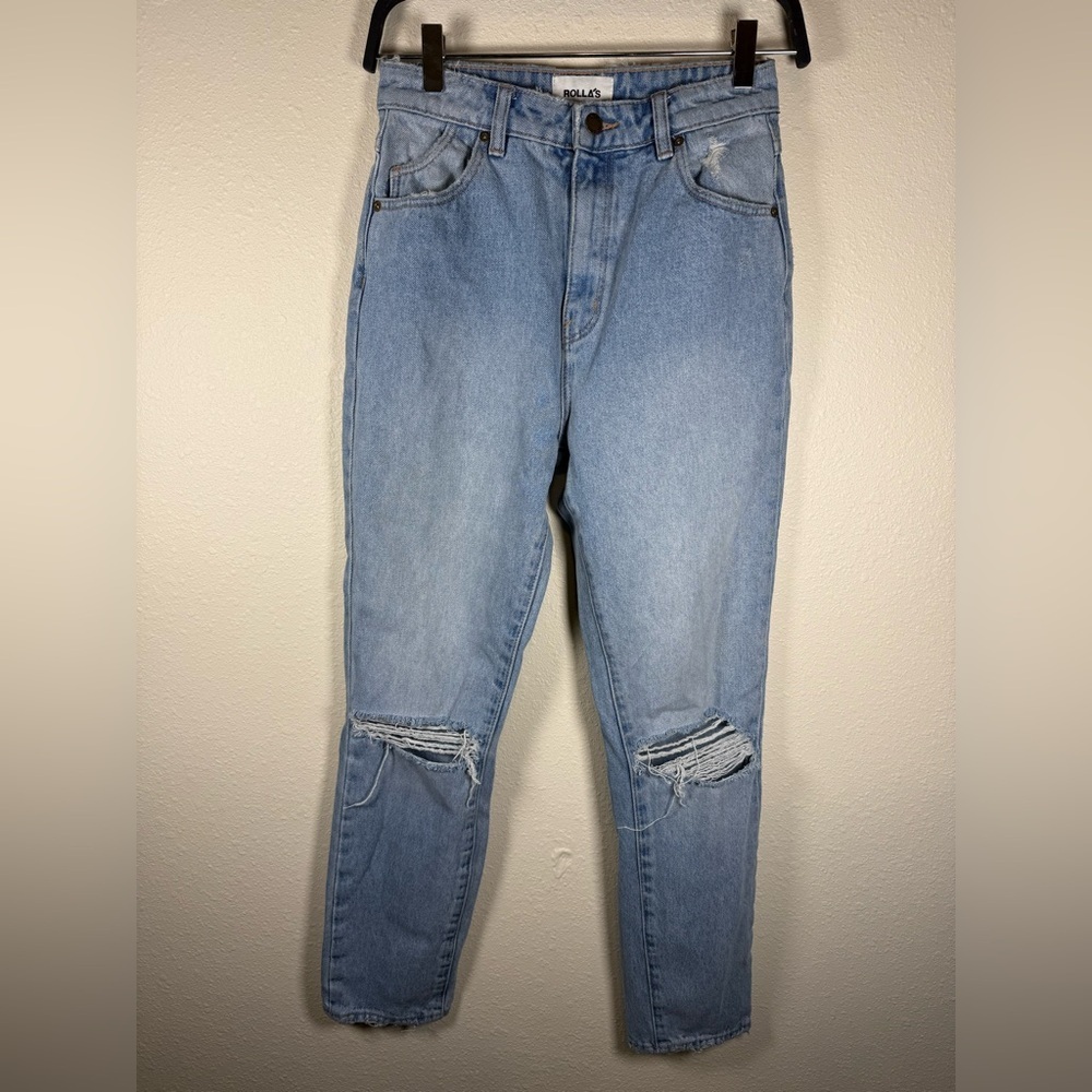 Rollas Duster Old Stone Rip High Rise Slim Womens 25 Light Wash Distressed Jeans